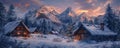 A tranquil mountain retreat background with cozy cabins, snow-covered peaks, and the textures of