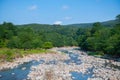 Tranquil Mountain River Streaming Through Verdant Valley Landscape