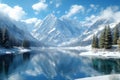 Tranquil mountain scene Lake nestled amid snowy peaks and trees