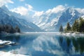 Tranquil mountain scene Lake nestled amid snowy peaks and trees