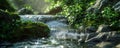 A tranquil mountain stream background with flowing water, mossy rocks, and the textures of cool Royalty Free Stock Photo