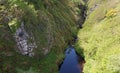 Tranquil mountain stream meandering through a lush, green valley in Lybster, Scotland
