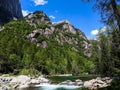 Tranquil mountain stream meandering through a verdant landscape