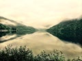 Tranquil mountains meet lake relax still calm