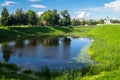 Picturesque bay of the Tmaka river next to the Church of St.Michael the Grand Prince of Tver. City of Tver, Russia.