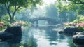 Serene Nature Landscape with a Digital Bridge and Flowing Water in a Virtual Environment Royalty Free Stock Photo