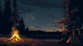 A tranquil night camping scene by a lake, with a warm campfire illuminating the surrounding trees and a tent. The sky is filled