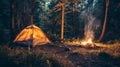 Tranquil night camping in the serene forest with tent and bonfire under the starry night sky
