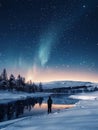 In the tranquil night by the frozen river, a silhouette of a man stands, surrounded by the icy snowscape