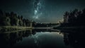 Tranquil night landscape Milky Way galaxy, star trail, reflection, mountain generated by AI