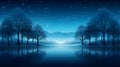 tranquil night scene with bare trees reflecting on water, against a backdrop of misty mountains and a starry sky