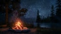 A tranquil night scene of a crackling campfire by a lakeside, with sparkling stars overhead, evoking a peaceful and introspective