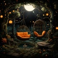 A tranquil night scene depicting a wooden outdoor swing chair illuminated by the full moon