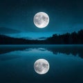 Tranquil night scene with full moon reflecting on calm lake