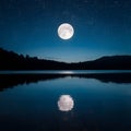 Tranquil night scene with full moon reflecting on calm lake