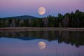 Tranquil night scene with full moon reflecting on calm lake