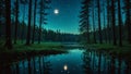 Tranquil night scene of a moonlit pond surrounded by tall trees and starlit sky Royalty Free Stock Photo