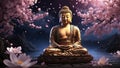 Shakyamuni Buddha statue entered nirvana cherry blossom meditation and zen concept night scene