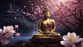 Shakyamuni Buddha statue entered nirvana cherry blossom meditation and zen concept night scene