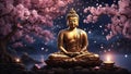 Shakyamuni Buddha statue entered nirvana cherry blossom meditation and zen concept night scene