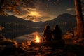 Tranquil night a young couple, campfire, and the Milky Way