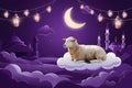 Tranquil nighttime landscape with sheep, lanterns, crescent moon, mosque, and minarets Royalty Free Stock Photo