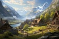 Tranquil Nordic village view panorama. Generate Ai Royalty Free Stock Photo