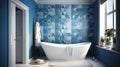 Tranquil Oasis, A Bathtub Haven in Blue and White Bathroom. Generative AI Royalty Free Stock Photo