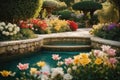 Tranquil Oasis: Beautiful and Refreshing Flower Garden with a Fountain Royalty Free Stock Photo