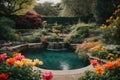 Tranquil Oasis: Beautiful and Refreshing Flower Garden with a Fountain Royalty Free Stock Photo