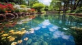Serene Koi Pond Amidst Lush Vegetation and Blooms