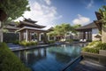 Tranquil Oasis: Exploring the Serene Japanese-Style Pool at a Luxury Hotel in the Heart of Nature, ai generative