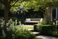 Tranquil Oasis: A Serene Summer Garden with White Blooms, Linden