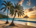 Tranquil ocean sunset with palm trees and a distant island in the background Royalty Free Stock Photo
