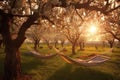 Tranquil Orchard with Hammocks at Sunset. Generative AI