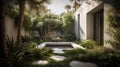 Tranquil outdoor courtyard featuring lush greenery and a tranquil pool, AI-generated.