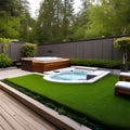 A tranquil outdoor spa area with a hot tub, a lounge space, and lush greenery2, Generative AI