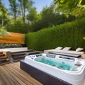 A tranquil outdoor spa area with a luxurious hot tub, lounge chairs, and lush greenery for a private oasis of relaxation and rej