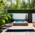 A tranquil outdoor spa area with a luxurious hot tub, lounge chairs, and lush greenery for a private oasis of relaxation and rej