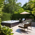 A tranquil outdoor spa area with a luxurious hot tub, lounge chairs, and lush greenery for a private oasis of relaxation and rej