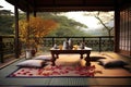 tranquil outdoor tea ceremony setup with tatami mat Royalty Free Stock Photo