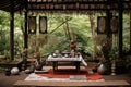 tranquil outdoor tea ceremony setup with tatami mat Royalty Free Stock Photo