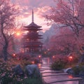 Tranquil Pagoda Amidst Blooming Sakura Royalty Free Stock Photo