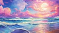 A Tranquil Painting of Sunset and Full Moon Cast Over the Ocean Royalty Free Stock Photo