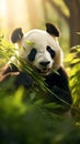 A tranquil panda munching on bamboo in a warm, sunlight-filled forest setting