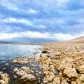 Tranquil panoramic photography with rocky colorful coast line and sea