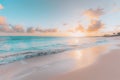 Tranquil panoramic sunset seascape on tropical beach with golden sand and calm horizon Royalty Free Stock Photo