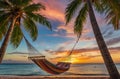 Tranquil Paradise. Hammock Swinging Between Palm Trees on Tropical Beach at Sunset Royalty Free Stock Photo