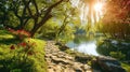 Tranquil Park Oasis: Colorful Summer Spring Landscape with Sunlit Lake, Lush Foliage, and Stone Path in Foreground