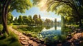 Tranquil Park Oasis: Colorful Summer Spring Landscape with Sunlit Lake, Lush Foliage, and Stone Path in Foreground Royalty Free Stock Photo